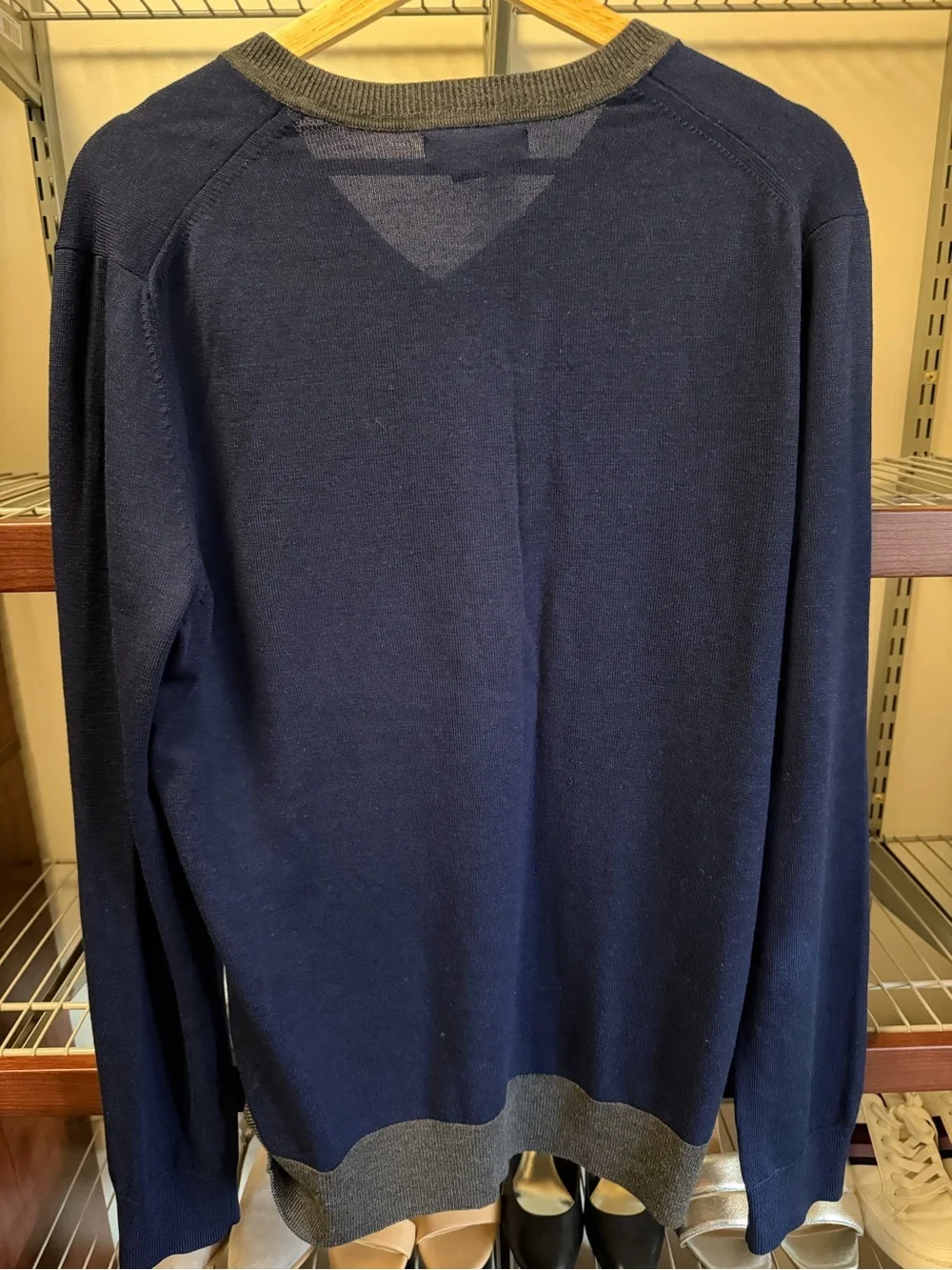 Banana Republic Navy V-Neck Sweater with Gray Hem and Trim